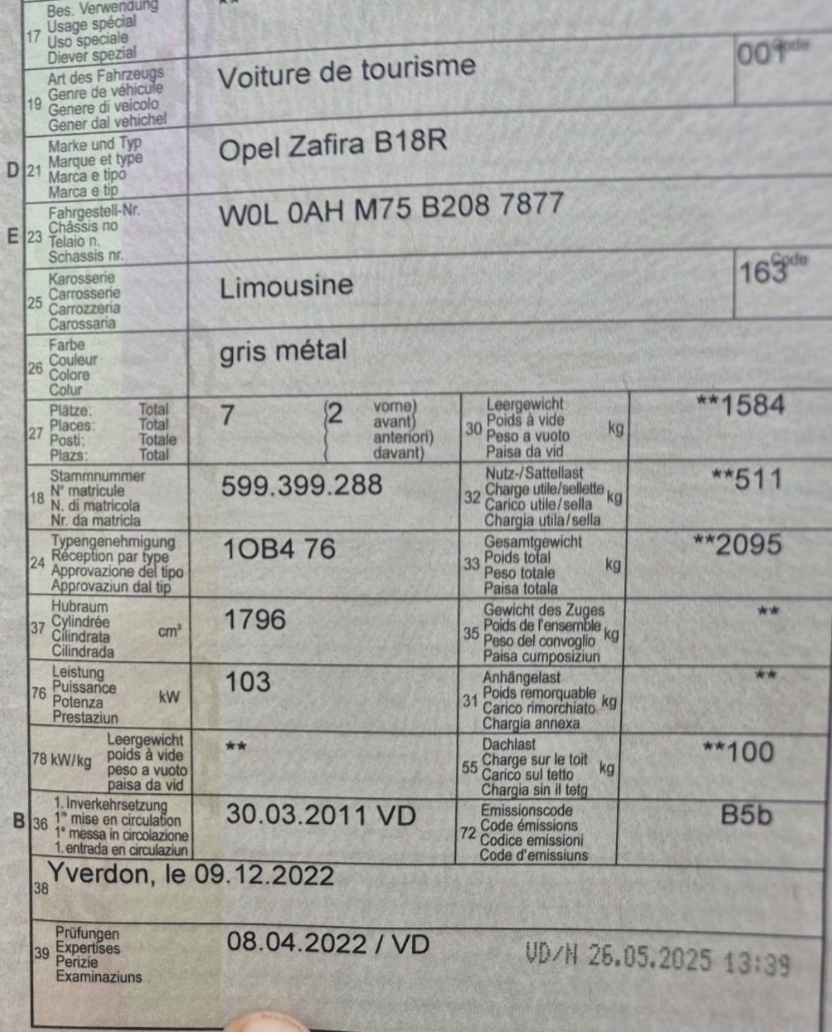 Opel Zafira (7 places) 2011 298'000 km non roulant véhicule pour export Vallorbe Suisse romande Drive ON SA — photo 3